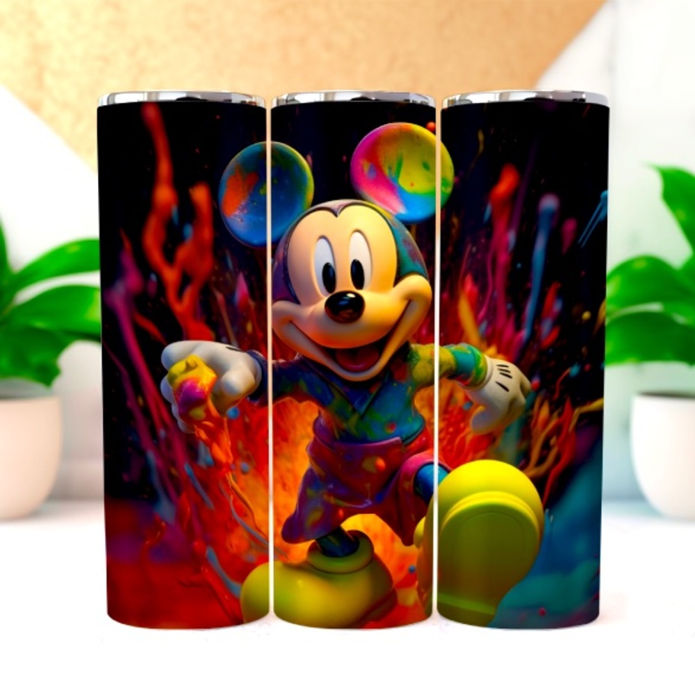 Mickey Running Through Paint Custom 20oz Tumbler with slide lid & Plastic Straw